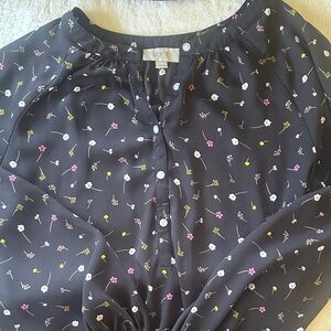 LOFT Black Floral Button-Front Blouse with Pink & White Accents